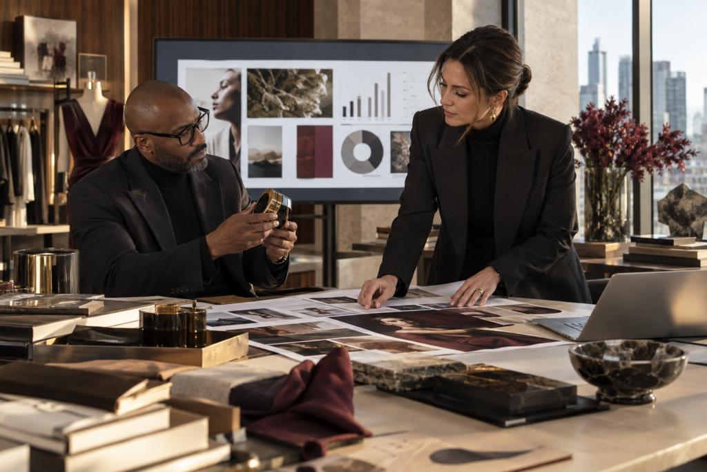 L’équipe créative examine des planches d’inspiration et des échantillons